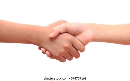 Male And Female Hand United Handshake On Isolated White Background
