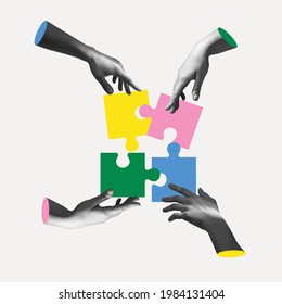 Männliche und weibliche Hände ästhetisch auf hellem Hintergrund mit farbigen Rätsel, Kunstwerken. Konzept der Teamarbeit, der Geschäftswelt, des Gemeinwesens und des Berufs. Symbolismus und Surrealismus.