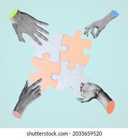 Male and female hands with colored puzzles, artwork. Concept of teamwork, - Shutterstock ID 2033659520