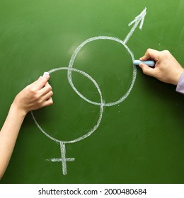 Male And Female Hands Draw Symbols Of The Masculine Feminine Principle With Chalk On The Blackboard.
