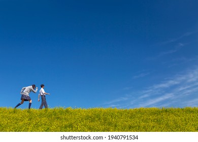 Male And Female High School Students Walking On Bank Where Rape Blossoms Bloom. Spring, Admission, Graduation, Advancement, Schooling Image 