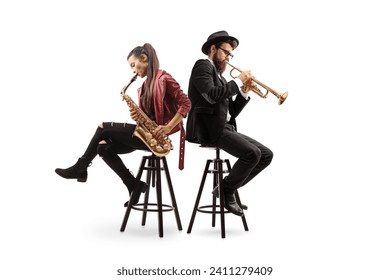 Male and female musicians sitting on chairs and playing a sax and a trumpet isolated on white background - Powered by Shutterstock