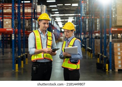 Male and Female Supervisors Holding Digital Tablet Talk about Inventory Check and Product Delivery in Retail Warehouse full of Shelves with Goods. Workers in Logistics Center.  - Powered by Shutterstock