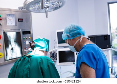 Male and female surgeon working in operation theater of hospital. Healthcare workers in the Coronavirus Covid19 pandemic
