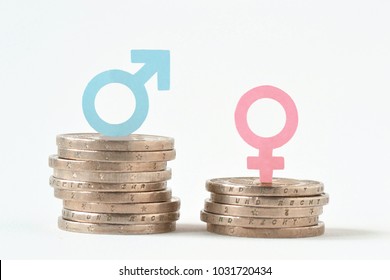 Male And Female Symbols On Piles Of Coins - Gender Pay Equality Concept