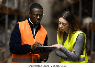 A male and female worker discuss logistics in a warehouse, highlighting teamwork and cooperation. safety vests, emphasizing an industrial setting with a focus on inventory management and coordination. - Powered by Shutterstock