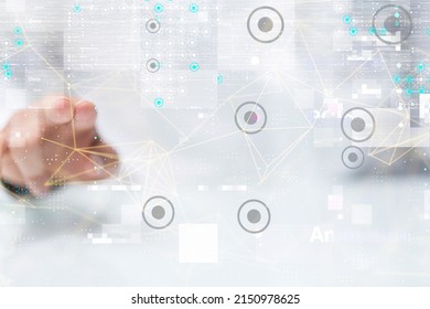 A male fingers touching 3D illustration Neural network on the screen, Big data and cybersecurity