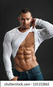 Male Fitness Model Show Ripped Six Pack Abs