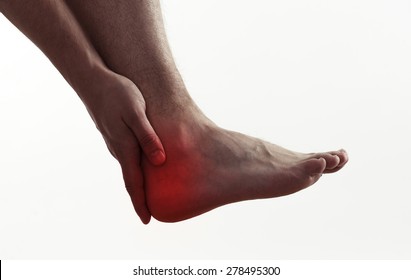 Male With Foot Pain Or Injury. Heel Spur Problem And Therapy.  