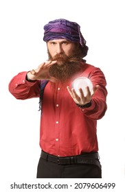 Male Fortune Teller With Crystal Ball On White Background