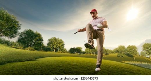 Male golf player on professional golf course. Angry golfer sad about losing and broke his golf club on knee