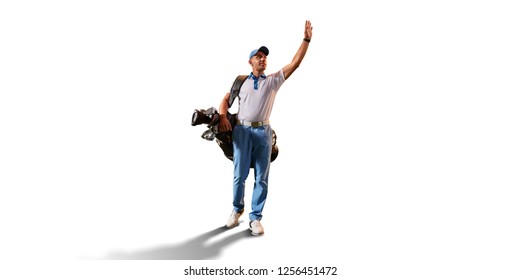 Male golf player on white background. Isolated smiling happy golfer walking with golf bag - Shutterstock ID 1256451472