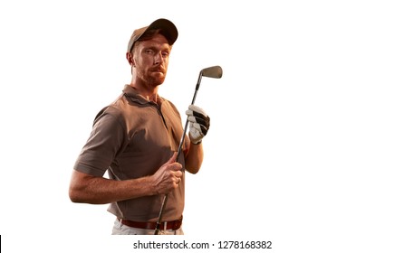 Male Golf Player On White Background. Isolated Golfer With Golf Club