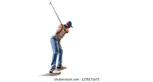 Male Golf Player On White Background. Isolated Golfer With Golf Club Taking A Shot