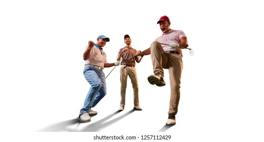 Male golf players on white background. Isolated happy player emotionally rejoices victory. Angry opponent sad about losing and broke his golf club on knee - Powered by Shutterstock