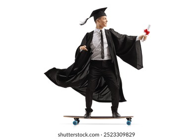 Male graduate student in a gown riding a skateboard and holding a diploma isolated on white background - Powered by Shutterstock