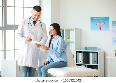 Male Gynecologist Working With Woman In Clinic