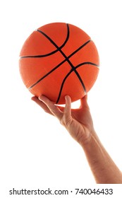 Male Hand With Basketball Isolated On White Background. Man Holding Ball, Sport Equipment And Recreation Concept.