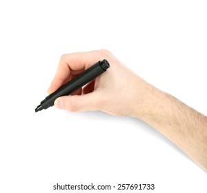 Male Hand With Black Marker Isolated On White