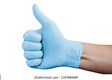 Male Hand In Blue Medical Glove Showing Approval Thumbs Up Sign Isolated On White Background