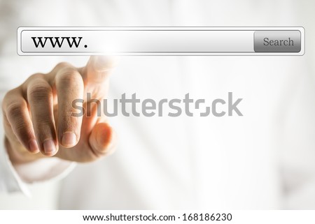 Male hand choosing www in virtual space. Browsing internet concept.