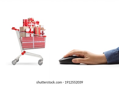 Male Hand Clicking On A Computer Mouse And A Shopping Online Presents Isolated On White Background