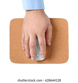 Male Hand With Computer Mouse And Pad On White Background, Closeup