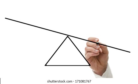 Male hand drawing a diagram of an empty seesaw showing an imbalance with one side lower that the other on a virtual interface - Shutterstock ID 171081767
