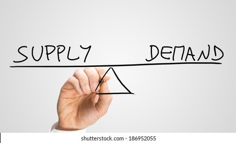 Male Hand Drawing Seesaw With Words Supply And Demand In Perfect Equilibrium.