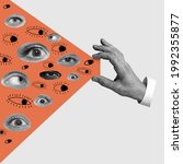 Male hand with eyes - search concept. Contemporary art collage, modern design. Aesthetic of hands. Trendy colors. Copyspace for your ad or text. Surreal conceptual poster.