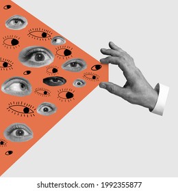 Male hand with eyes - search concept. Contemporary art collage, modern design. Aesthetic of hands. Trendy colors. Copyspace for your ad or text. Surreal conceptual poster.