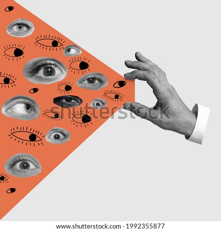 Male hand with eyes - search concept. Contemporary art collage, modern design. Aesthetic of hands. Trendy colors. Copyspace for your ad or text. Surreal conceptual poster.