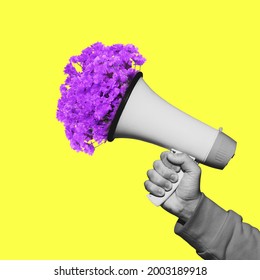Male hand with flowers in megaphone. Contemporary art collage, modern artwork. Concept of idea, inspiration, creativity and beauty. Bright yellow, purple colors. Copyspace for your ad or text. Surreal - Powered by Shutterstock