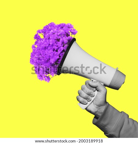 Male hand with flowers in megaphone. Contemporary art collage, modern artwork. Concept of idea, inspiration, creativity and beauty. Bright yellow, purple colors. Copyspace for your ad or text. Surreal