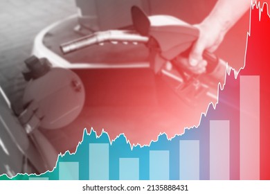 Male hand with fuel nozzle and rising chart showing gasoline price increase during energy crisis in the world