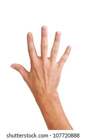 Male hand gesture number five closeup isolated on a white background