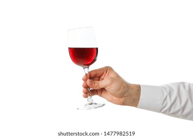 Male Hand Hold Glass With Wine, Isolated On White Background