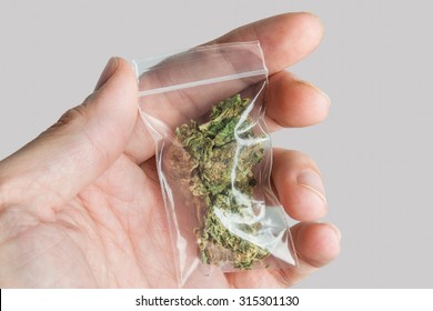 Male Hand Holding Bag With Medical Marijuana Isolated On Grey Background