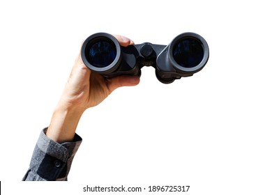 Male Hand Are Holding Binoculars On White Isolated Background. Banner. Flat Lay, Top View.