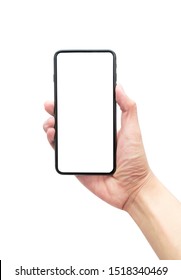 Male hand holding the black smartphone with blank screen isolated on white background with clipping path. - Shutterstock ID 1518340469