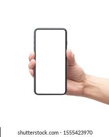 Male hand holding the black smartphone with blank screen isolated on white background with clipping path. - Shutterstock ID 1555423970