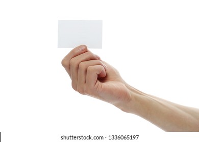 Male Hand Holding Blank Business Card On An Isolated Background. Space For Text.