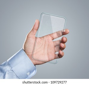 Male hand holding blank futuristic transparent mobile, smart phone with copy space - Powered by Shutterstock