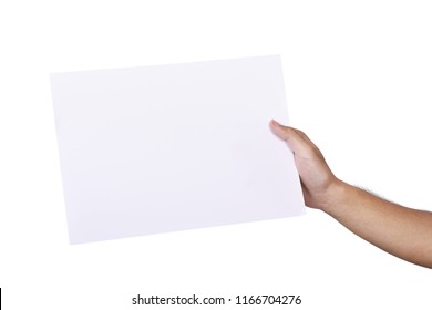 Male Hand Holding Blank Paper Isolated Over White Background