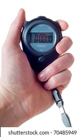 Male Hand Holding A Blue Stop Watch Isolated Over White