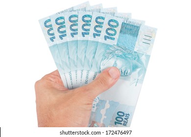 Male Hand Holding Brazilian Six Hundred Reais, Brazil Money