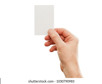 Male hand holding business card, mockup, isolated on white