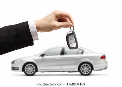 Male Hand Holding Car Keys From A Silver Car Isolated On White Background