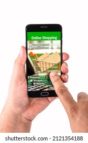 male hand holding cell phone smartphone shopping online by virtual mall app