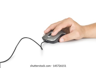 Male Hand Holding Computer Mouse Isolated On White